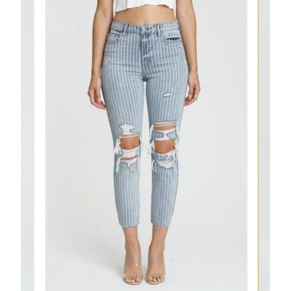 NWT EUNINA TOBI SUPER HIGH RISE MOM JEANS CROP PARALLEL LINES STRIPED PRINT - Picture 1 of 5